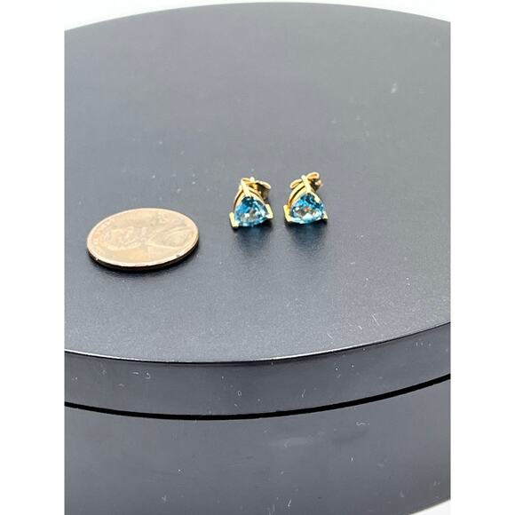 Designer Signed 14k Yellow Gold Trillion Cut Blue Topaz Stud MEXICO Dec Earrings - Picture 4 of 10